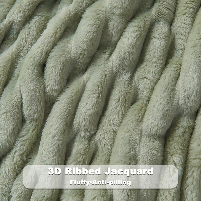 NEWCOSPLAY Super Soft Throw Blanket Sage Green Premium Silky Flannel Fleece 3D Ribbed Jacquard Lightweight Bed Blanket All Season Use (Sage Green Ribbed, Throw(50"x60"))