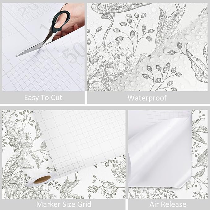 WESTICK Neutral Floral Peel and Stick Wallpaper Cream Vintage Floral Contact Paper Self Adhesive Retro Accent Wallpaper for Bedroom Walls Kitchen Backsplash Cabinets Cupboard Cream/Grey 17.5" x 100"