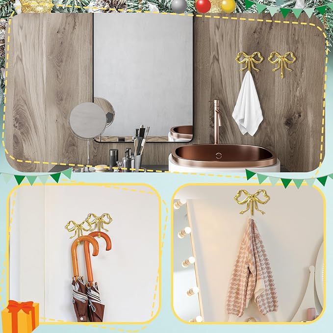 1 Pcs Coquette Gold Bow Knot Hooks Brass Bow Wall Door Hanger Towel Hooks Brass Coat Hanger Decorative Holder for Christmas Wedding Bathroom Living Room Kitchen Decor (L)