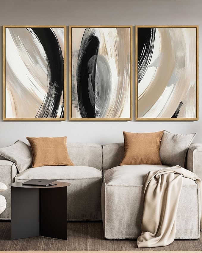 KUVIOKE Modern Abstract Framed Wall Art Black Neutral Minimalist Ink and Wash Graffiti Pastel Wall Decor for Bedroom Living Room 24x36in (Natural Framed)