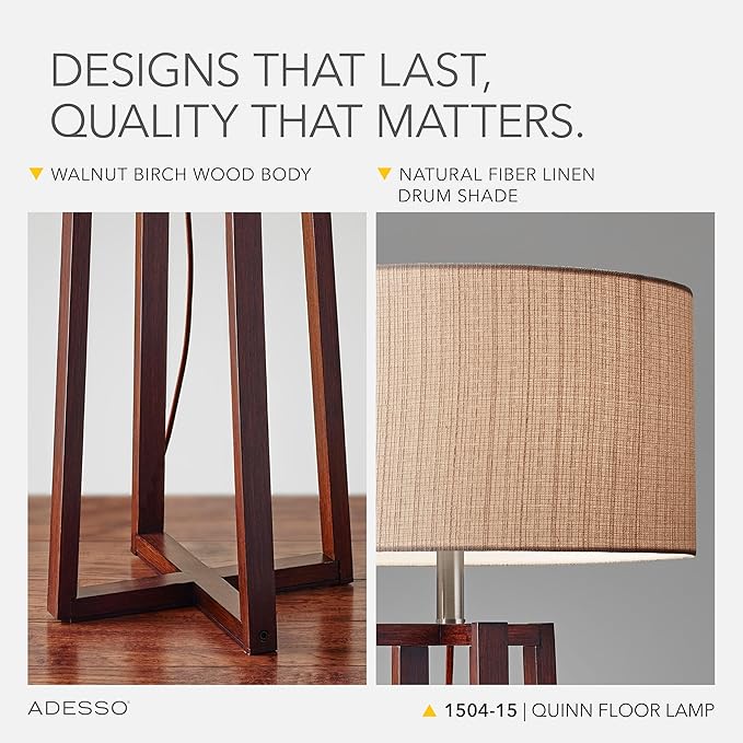 Adesso Floor Lamp with Walnut Birch Wood & Natural Linen Lampshade - 3-Way Adjustable Brightness, Lamp for Bedroom, Living Room, and House Décor, 60” x 19”
