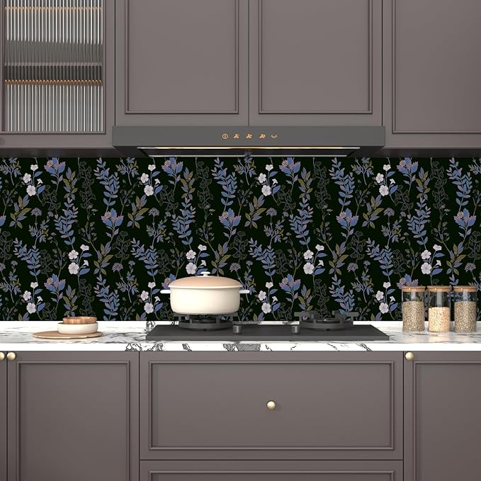 Black Blue Floral Wallpaper Peel and Stick Boho Blue Purple Leaf Contact Paper 17.4" X 118" Vintage Wallpaper Waterproof Self-Adhesive Dark Wall Covering for Bedroom Countertop Desk Cabinets