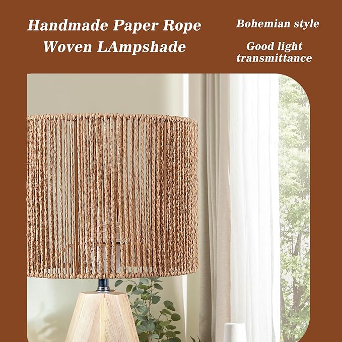 Tripod Table Lamp Light with Birch Color Wooden Base, Wooden Desk Lamp with Rattan Lampshade, 14.37 in Small Lamps, E26 Base Bedside Lamps for Night Stands, Home, Office, Living Room, Dorm(Stripe)