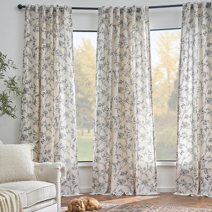 Lazzzy Farmhouse Lined Linen Black Floral Curtains 96 Inch Length Back Tab Drapes for Living Room Bedroom Light Filtering Country Vintage Rod Pocket, 2 Panels, Black on Beige