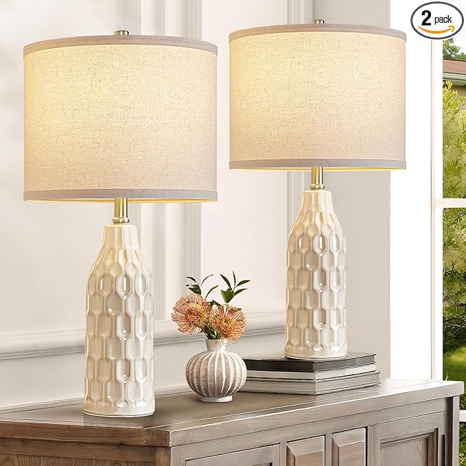 Luvkczc 24.8" Ceramic Table Lamps Set of 2 with 3 Color Temperature & Bulbs Included - Bedside Lamps for Nightstand, Living Room, Bedroom, Home Office Decor