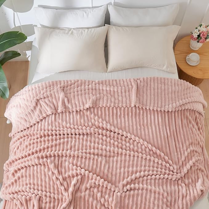NEWCOSPLAY Super Soft Throw Blanket Pink Premium Silky Flannel Fleece 3D Ribbed Jacquard Lightweight Bed Blanket All Season Use (Pink Ribbed, Throw(50"x60"))