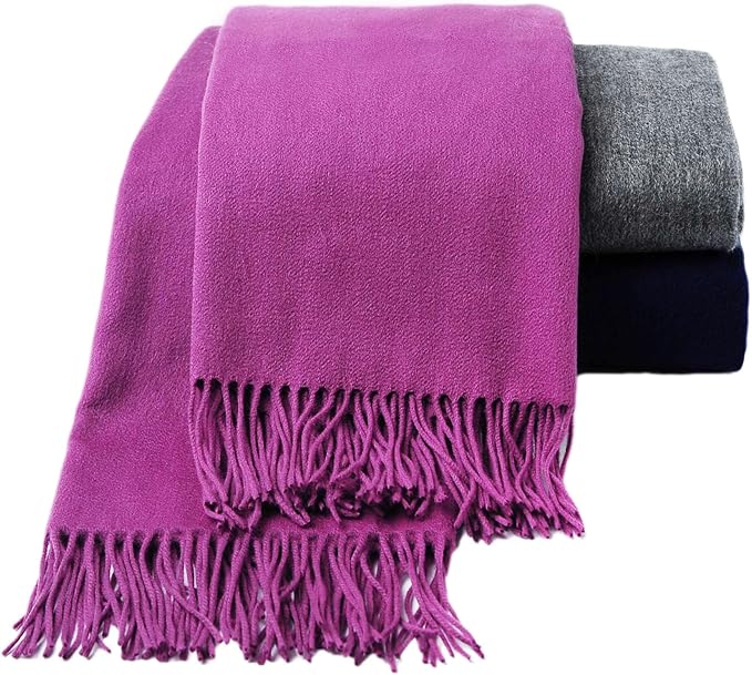 CUDDLE DREAMS Premium Cashmere Throw Blanket with Fringe, Luxuriously Soft (Plum)
