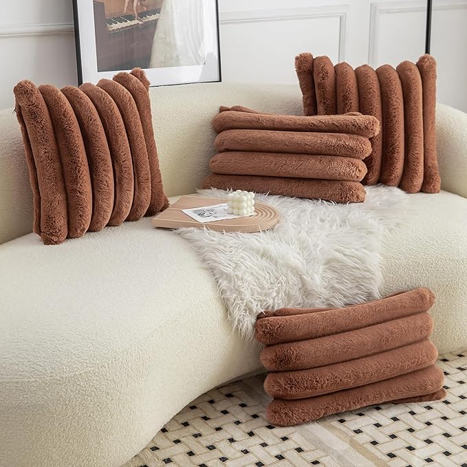 Neelvin Brown Faux Fur Cozy Soft Stripe Decorative Throw Pillow Covers 22x22 inch Set of 2,Velvet Pillowcase Cushion Case for Sofa Couch