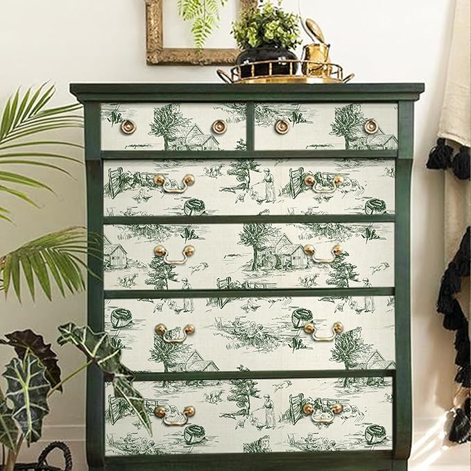 QUCHENG Toile de Jouy Wallpaper Chinoiserie Style Wall Sticker Monochrome Landscape Dresser Decal Removabal Self Adhesive Decor Peel and Stick Furniture Stickers Vintage Bedroom Livingroom Decoration