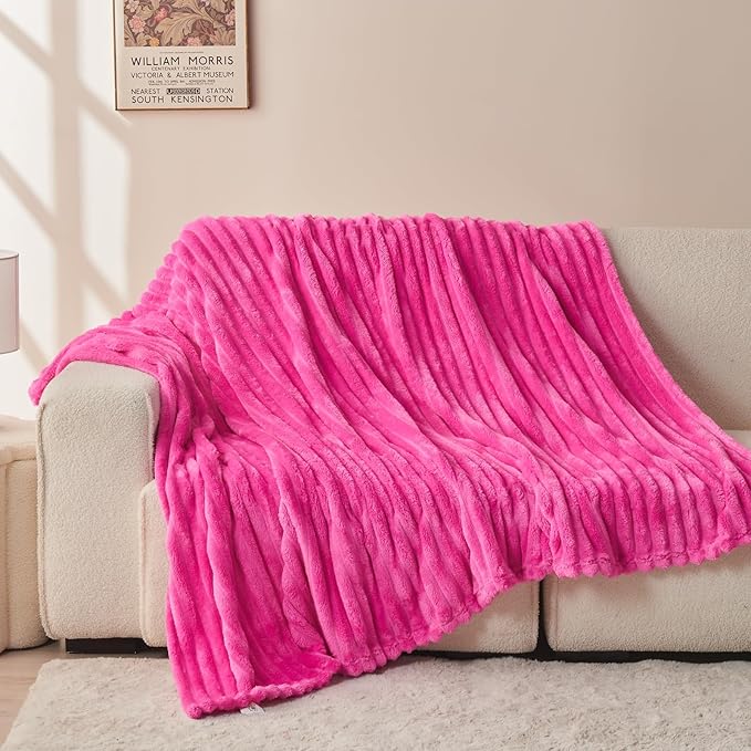 NEWCOSPLAY Super Soft Throw Blanket Hot Pink Premium Silky Flannel Fleece 3D Ribbed Jacquard Lightweight Bed Blanket All Season Use (Hot Pink Ribbed, Throw(50"x60"))
