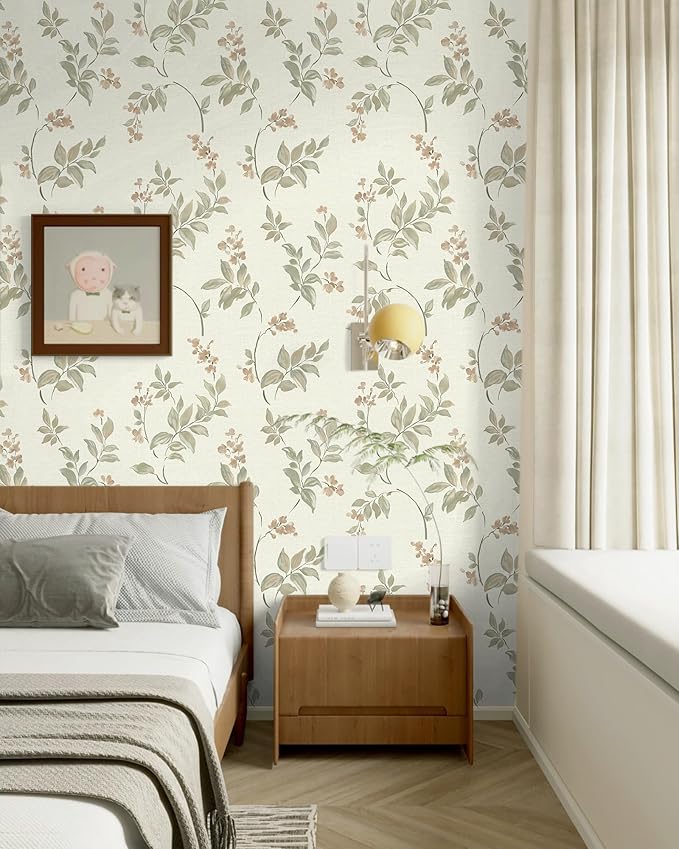 Vinjiasin Peel and Stick Wallpaper Beige Floral Contact Paper Vintage Flower Leaf Self Adhesive Removable Wall Paper for Bathroom Bedroom Livingroom 16.1"x 118"