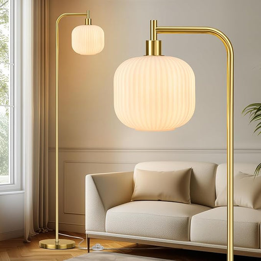 QiMH Glass Floor Lamp for Living Room, 67” Modern Standing Lamp with Cream Ribbed Glass Lampshade Pedal Switch Tall Lamp for Bedroom, Brushed Gold (2700K LED Bulb Included)