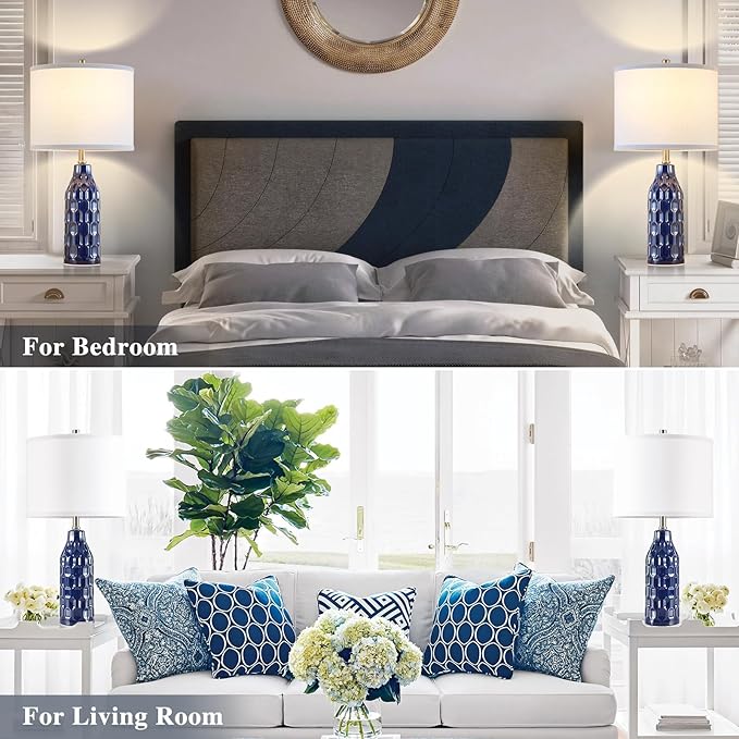 Luvkczc 24.8" Ceramic Table Lamps Set of 2 for Nightstand - 3 Color Temperature&Bulbs Included, Bedside Lamps for Living Room Bedroom Home Office Table Decor, Navy Blue