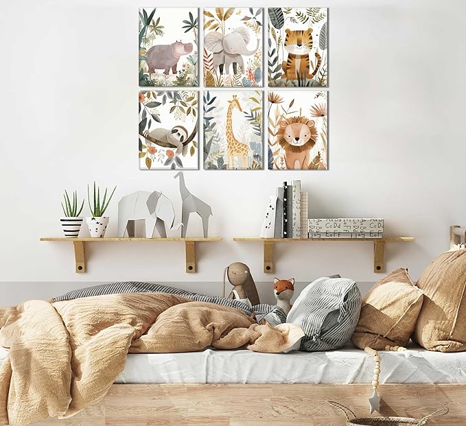 6Pcs Boho Baby Animals Wall Art Jungle Safari Canvas Paintings Cute Giraffe Elephant Lion Wall Decor Prints Inspirational Forest Animals Posters Pictures for Nursery kids Boys Bedroom Framed