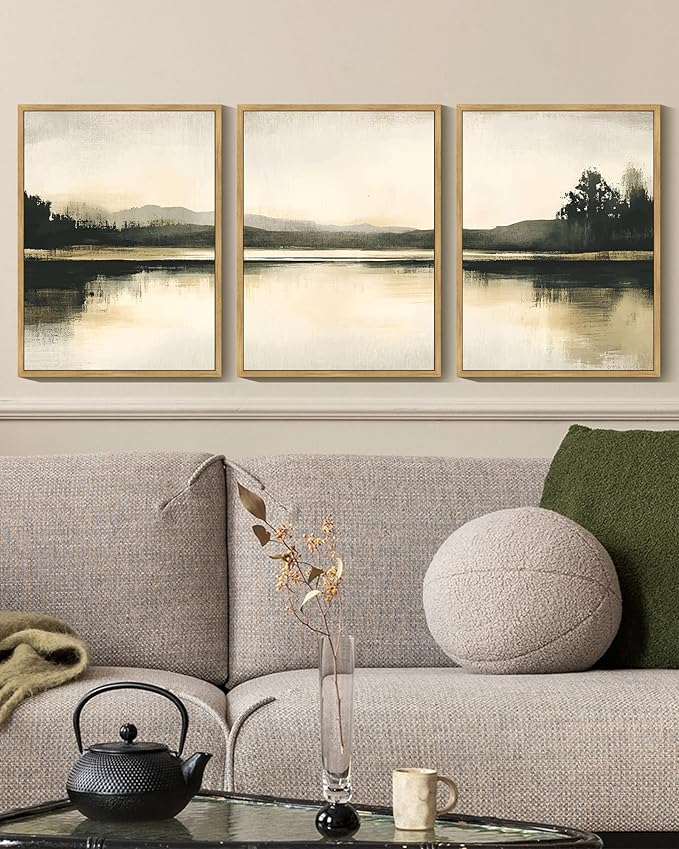 KUVIOKE Watercolor Abstract Mountain Lake Framed Wall Art Brown Landscape Nature Wilderness Painting Nordic Neutral Tan Illustration Decorative Home Decor 11x14in (Natural Framed)