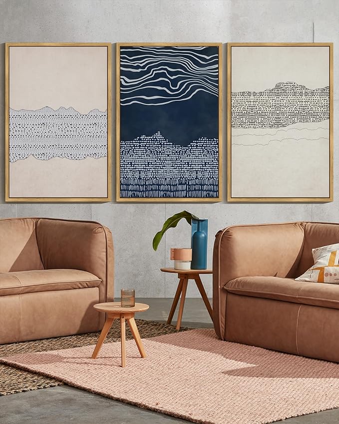 KUVIOKE Navy Blue Abstract Framed Wall Art Modern Neutral Minimalist Wooden Pastel Boho Wall Decor Farmhouse Rustic Art Painting Home Decor 24x36in (Natural Framed)