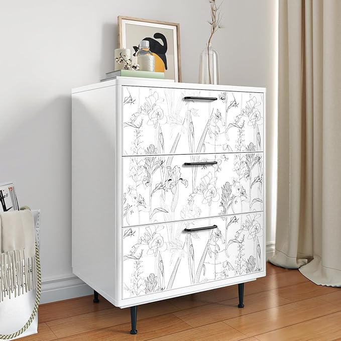 WESTICK Black White Floral Wallpaper Chinoiserie Sketch Floral Contact Paper Modern Iris Flower Peel and Stick Wallpaper for Bedroom Accent Walls Living Room Bathroom Laundry Room Cabinets 17.5"x100"