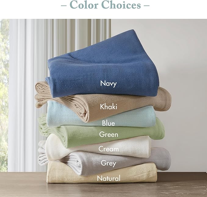 Madison Park Freshspun Basketweave Luxury Cotton Blanket Blue 108x90" King Size Basketweave Premium Soft Cozy 100% Cotton For Bed, Couch or Sofa