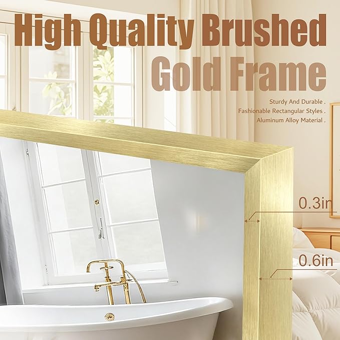 Bathroom Mirror 24"x36", Gold Vanity Mirror with Brushed Metal Frame & Tempered Glass, Rectangle Wall Mirror Mounted, Rust-Resistant for Bedroom, Entryway and Living Room Decor