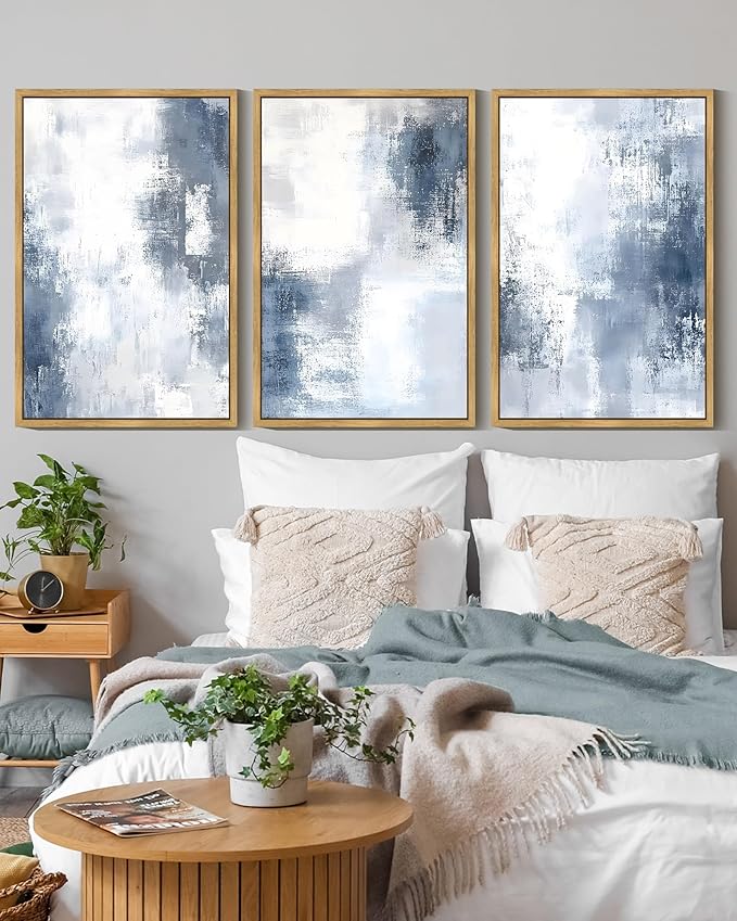 KUVIOKE Navy Blue and Gray Abstract Framed Canvas Wall Art Brush Strokes Block Shape Pastel Wall Decor Modern Minimalist Art Painting Home Decor 16x24in (Natural Framed)