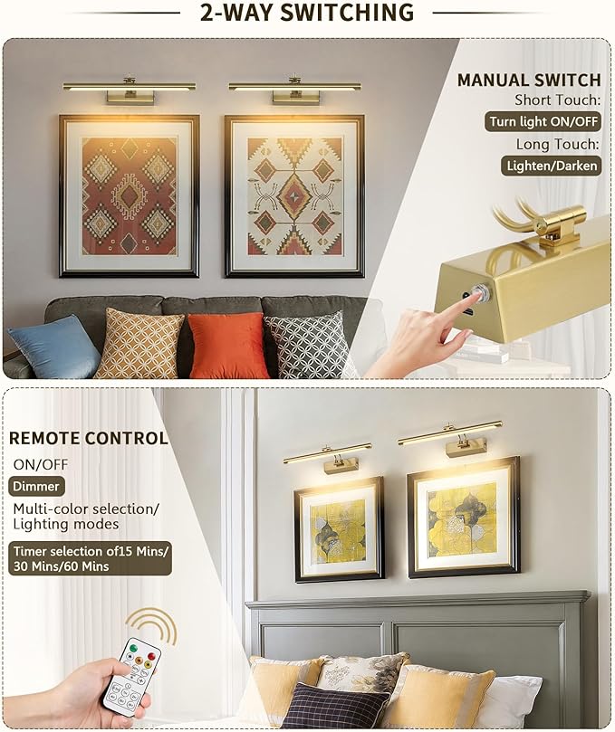 Joosenhouse Battery Operated Picture Light 5000mAh Rechargeable Wall Light 15.7" Wireless Picture Lights for Wall with Remote Control for Paintings Photo Spot Lights Indoor Brass Color