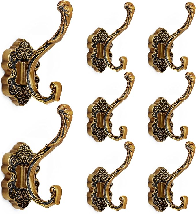 Zonon Vintage Coat Hooks Antique Wall Hooks Towel Hook for Hanging Purse Hat Keys Clothes Curtain Unique Heavy Duty Bathroom Hook for Wall(8 Pcs,Brass)