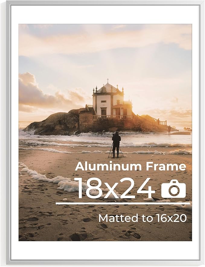 18x24 Metal Picture Frames with Mat for 16x20 Photo, 18x24 Poster Frame, Aluminum Photo Frame Set of 1, High Definition Plexiglass, Wall Decor or Tabletop Display, Silver