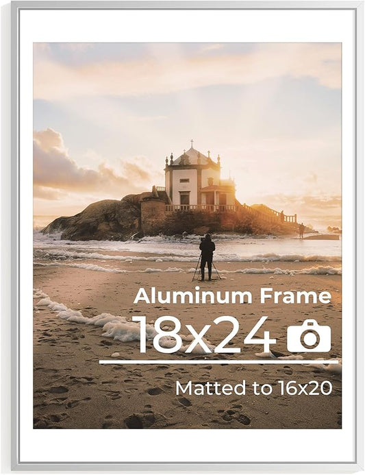 18x24 Metal Picture Frames with Mat for 16x20 Photo, 18x24 Poster Frame, Aluminum Photo Frame Set of 1, High Definition Plexiglass, Wall Decor or Tabletop Display, Silver