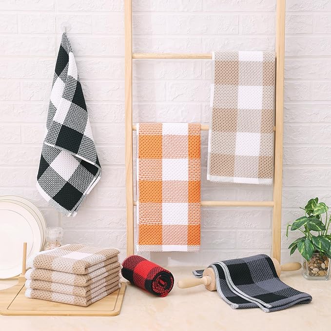Homaxy 100% Cotton Waffle Weave Check Plaid Kitchen Towels, 13 x 28 Inches, Super Soft and Absorbent Dish Towels for Drying Dishes, 6-Pack, White & Khaki