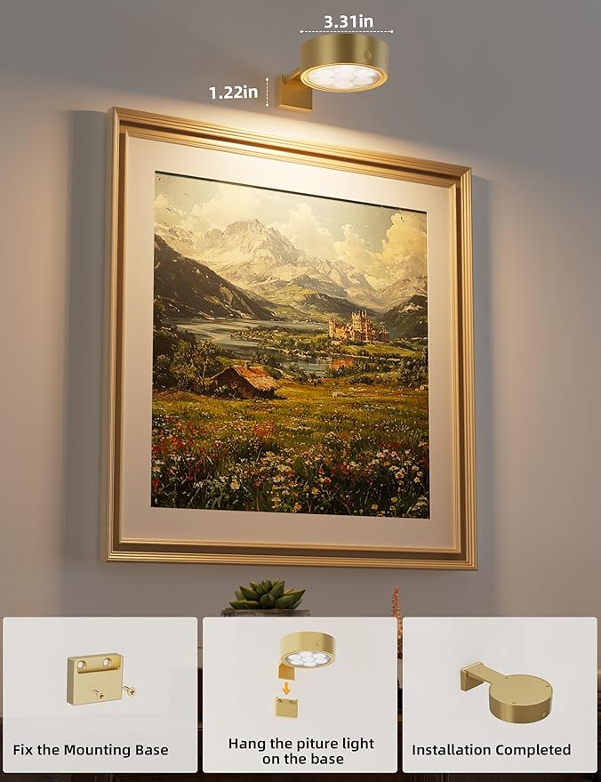 VOLISUN Picture Lights for Wall, 4000mAh Rechargeable Picture Light Battery Operated, 3 Color Temperatures Cordless Picture Light with Remote, Art Light for Painting, Gallery, Portrait, 3 Pack (Gold)