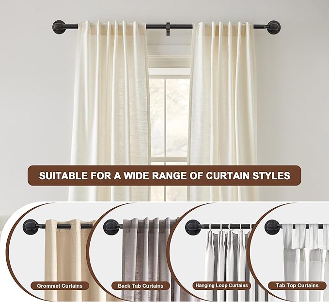 OEMQOBE Curtain Rods for Windows 16 to 84 Inches, Heavy Duty Industrial Curtain Rods 2 pack, Adjustable Wrap Around Blackout Curtains Rod, Black 1 Inch Indoor/Outdoor Drapery Rod