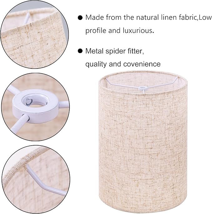 Wellmet Linen 8"x 8"x11" Lampshade, No Assembly Required, Classic Modern Lamp Shade for Table Lamp, Bedside Lamp, Floor Lamp, Fabric Drum Lampshade, Spider Fitter