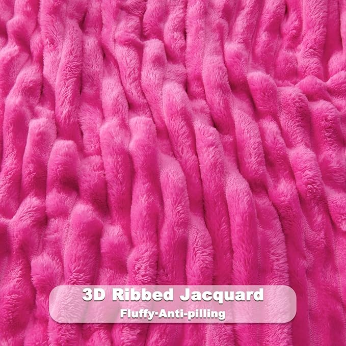 NEWCOSPLAY Super Soft Throw Blanket Hot Pink Premium Silky Flannel Fleece 3D Ribbed Jacquard Lightweight Bed Blanket All Season Use (Hot Pink Ribbed, Throw(50"x60"))
