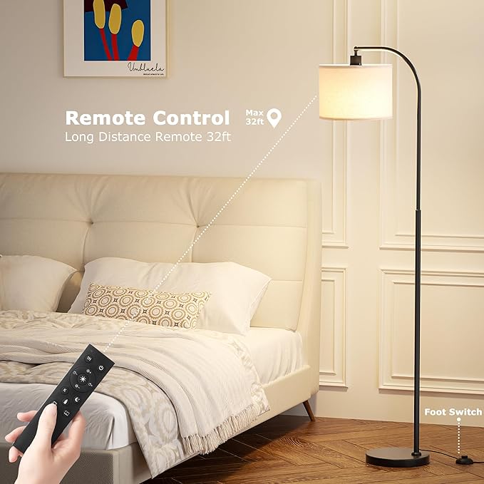 Arc Floor Lamp with Remote and Stepless Dimmable Bulb, Colors Temperature & Brightness Adjustable, Floor Lamps for Living Room（Deep Beige Shade & Black Pole）