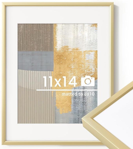 11x14 inch Metal Picture Frame - 11 x 14 Thin Aluminum Photo Frames with 8x10 Removable Mat - High Definition Plexiglass - Vertical and Horizontal Display - Wall Hook Hanging Hardware Included - Gold, Set of 1