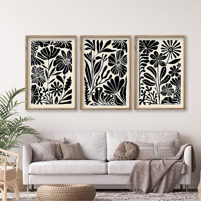 flowtorely Abstract Floral Botanical Wall Art 16x11 Inch 3 Piece Black Vintage Boho Plant Flower Minimalist Wood Frame Sign Home Living Room Family Office Mid Century Print Wall Hanging Decor (Wood)