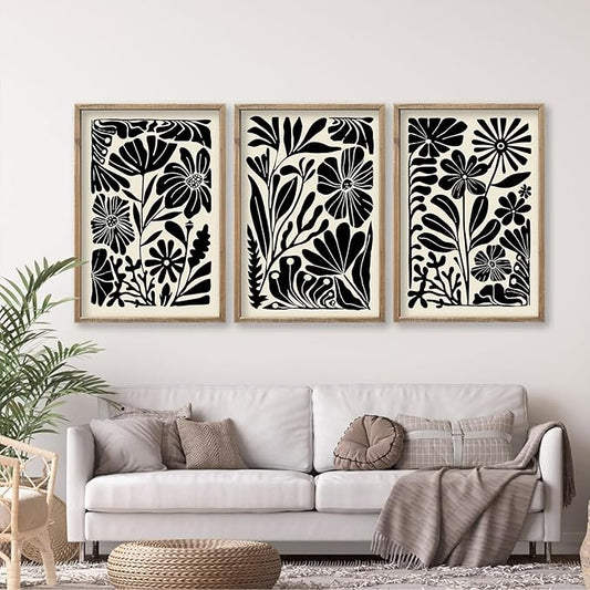 flowtorely Abstract Floral Botanical Wall Art 16x11 Inch 3 Piece Black Vintage Boho Plant Flower Minimalist Wood Frame Sign Home Living Room Family Office Mid Century Print Wall Hanging Decor (Wood)