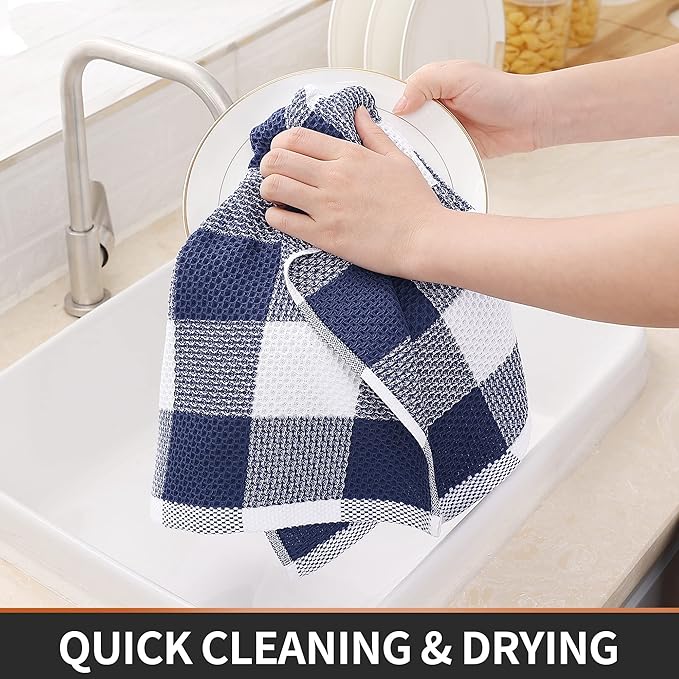Homaxy 100% Cotton Waffle Weave Check Plaid Kitchen Towels, 13 x 28 Inches, Super Soft and Absorbent Dish Towels for Drying Dishes, 4-Pack, White & Navy Blue