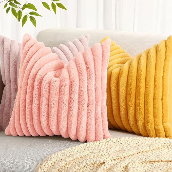 decorUhome Faux Fur Throw Pillow Covers 12x20 Set of 2, Decorative Soft Plush Striped Lumbar Neutral Couch Euro Pillow Covers with Velvet Back for Sofa, Bed, Living Room Home Decor, Blush Pink
