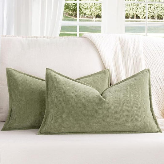ZWJD Sage Green Pillow Covers 12x20 Set of 2 Chenille Throw Pillow Covers with Elegant Design Soft and Luxurious Decorative Throw Pillows for Couch, Bed, and Home Decor