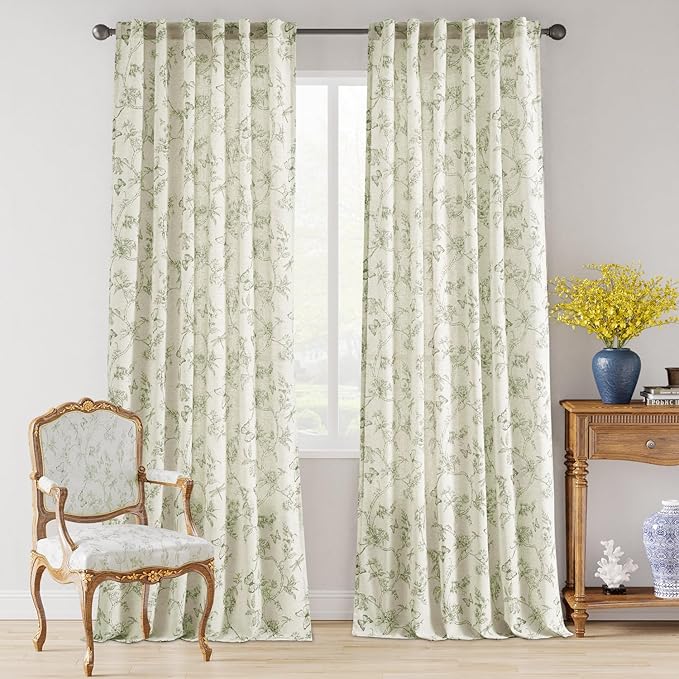 Lazzzy Farmhouse Linen Curtains Green Floral Curtains 108 Inch Length Back Tab Drapes for Living Room Bedroom Light Filtering Country Vintage Rod Pocket Curtain, 2 Panels, Green on Beige