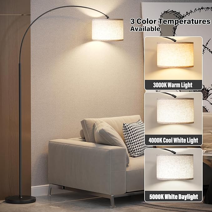 SUNMORY Arc Floor Lamp with 3 Color Temperature, Modern Floor Lamp with 9w A19 LED Bulb, 75″ Height Tall Lamp for Living Room with Hanging Drum Shade & Weighted Base. Arched Standing Lamp for Bedroom