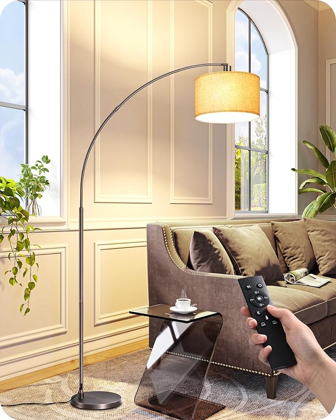 EDISHINE Dimmable Mid Century Modern Floor Lamp with Remote, Tall Arc Standing Lamps with Adjustable Drum Shade, Standing Corner Light for Living Room, Bedroom, Dining Room, Bronze