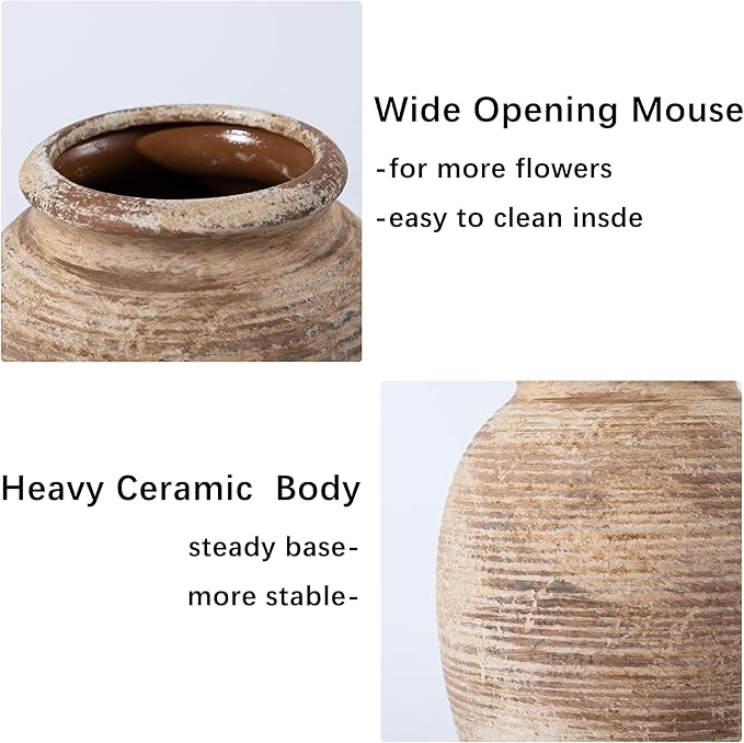 Rustic Ceramic Flower Vase - 8in Vintage erracotta Vase for Home Decor - Christmas Decorative TFlower Bud Vases, Mondern Farmhouse Vase - Living Room Shelf Decor Table, Lyeec