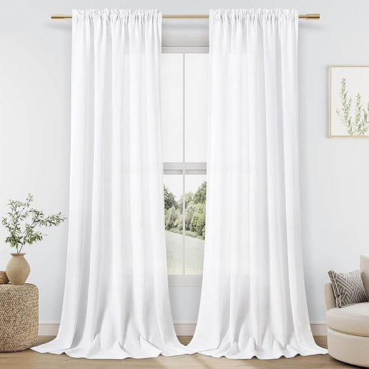 Guken White Linen Curtains 102 Inch Length for Living Room Bedroom 2 Panels Set Rod Pocket Light Filtering Semi Sheer Window Curtains 52 Inch Width Boho Farmhouse Linen Drapes, W52xL102
