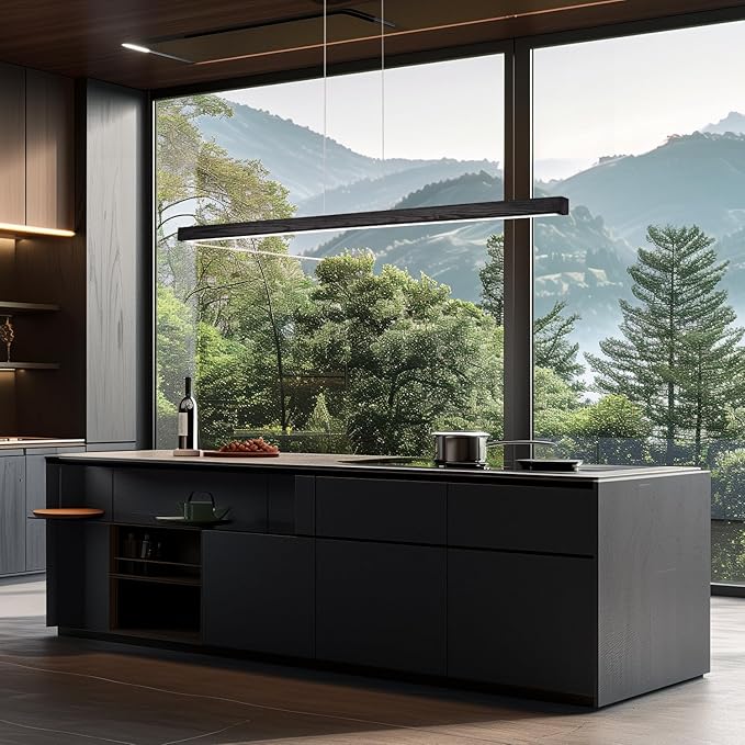 55 Inch LED Linear Pendant Light Black Wood LED Kitchen Island Lighting Dimmable Ceiling Hanging Chandeliers for Dining Room Living Room Bar Pool Table 36W Modern Farmhouse Fixture Black Wood Finish