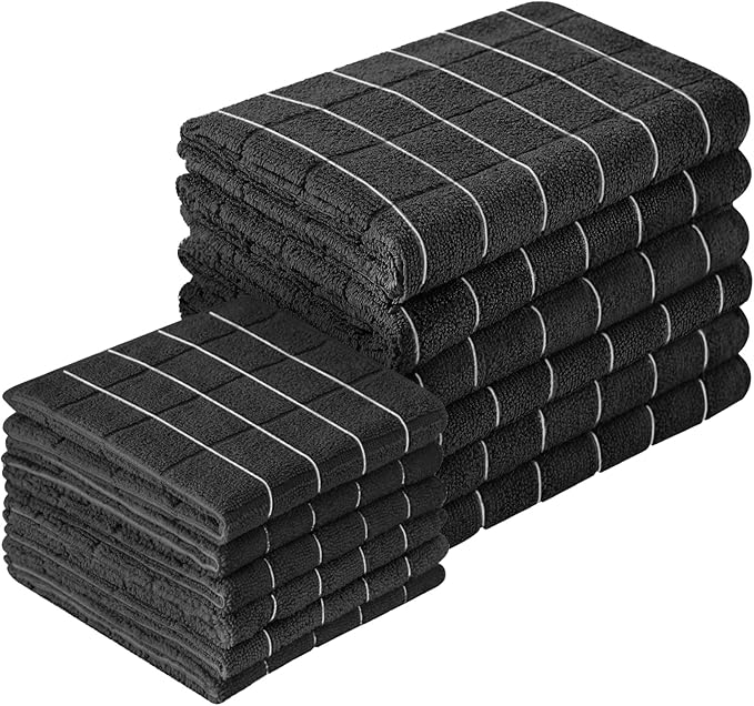 Microfiber Kitchen Towels and Dishcloths Set, 26 X 18 Inch and 12 X 12 Inch, Set of 12 Bulk Lint Free Dish Towels for Drying Dishes, Black