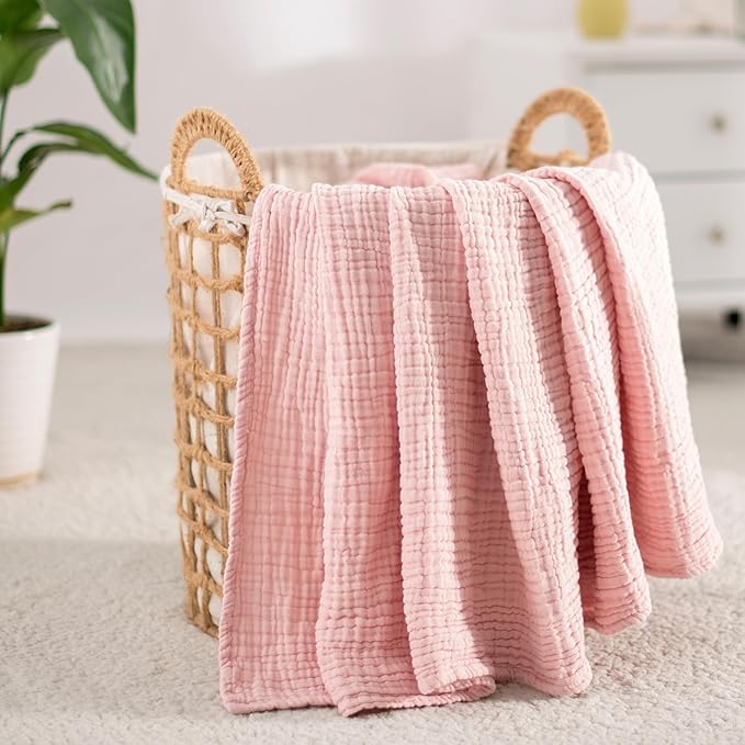 Carriediosa 100% Cotton Muslin Throw Blanket 70" X 80" Twin Size，4-Layers Summer Gauze Throws for Bed Couch，Soft Lightweight Breathable Linen Blankets Bedspread for Adults All Season，Dusty Pink