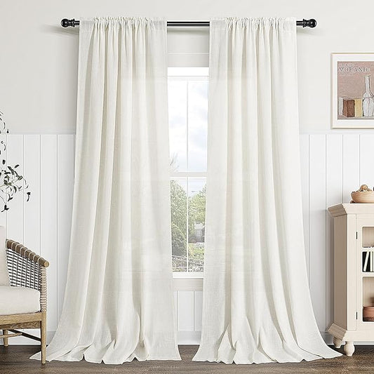 Guken Extra Wide Natural Linen Curtains for Living Room Bedroom 2 Panels Set Rod Pocket Light Filtering Semi Sheer Window Curtains 60 Inch Width Boho Linen Drapes Cream Ivory, W60 x L102