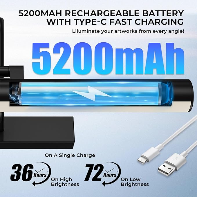 Cordless Picture Light for Wall, Battery Operated Art Light with 3CCT Dimmable, 5200mAh Battery Wall Sconce with Remote & Timer, 13in LED for Paintings, Gallery Artwrok, Picture Display - Black